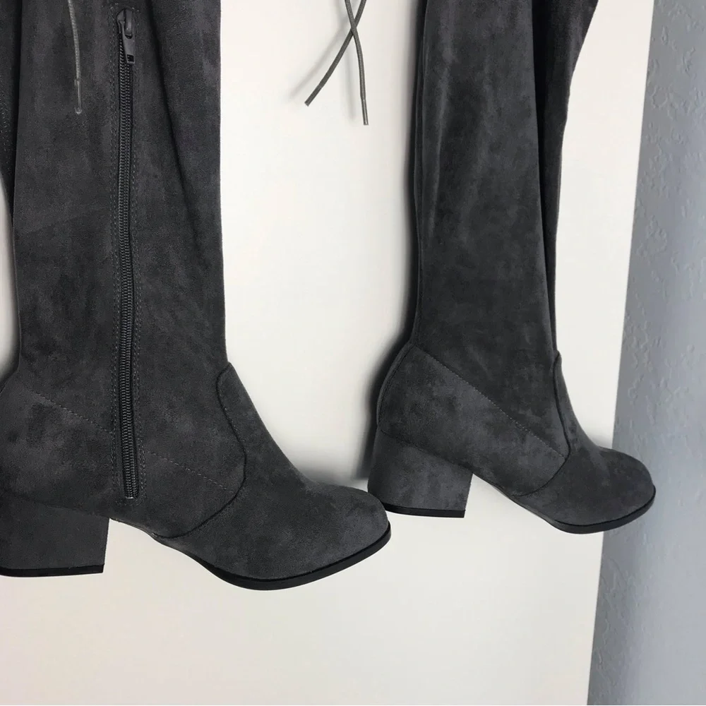 NWOT Gray Faux Suede Over the Knee Boots | Block Heel Tie Back Zip | Fall Winter